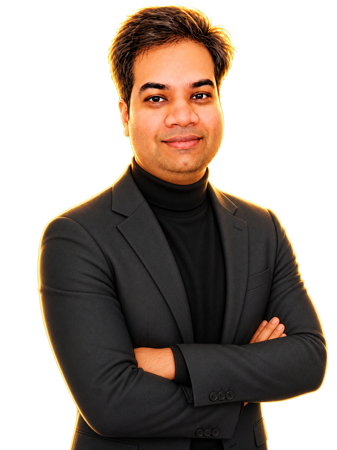 Sandeep, The Videshi Trader, in a black blazer and turtleneck